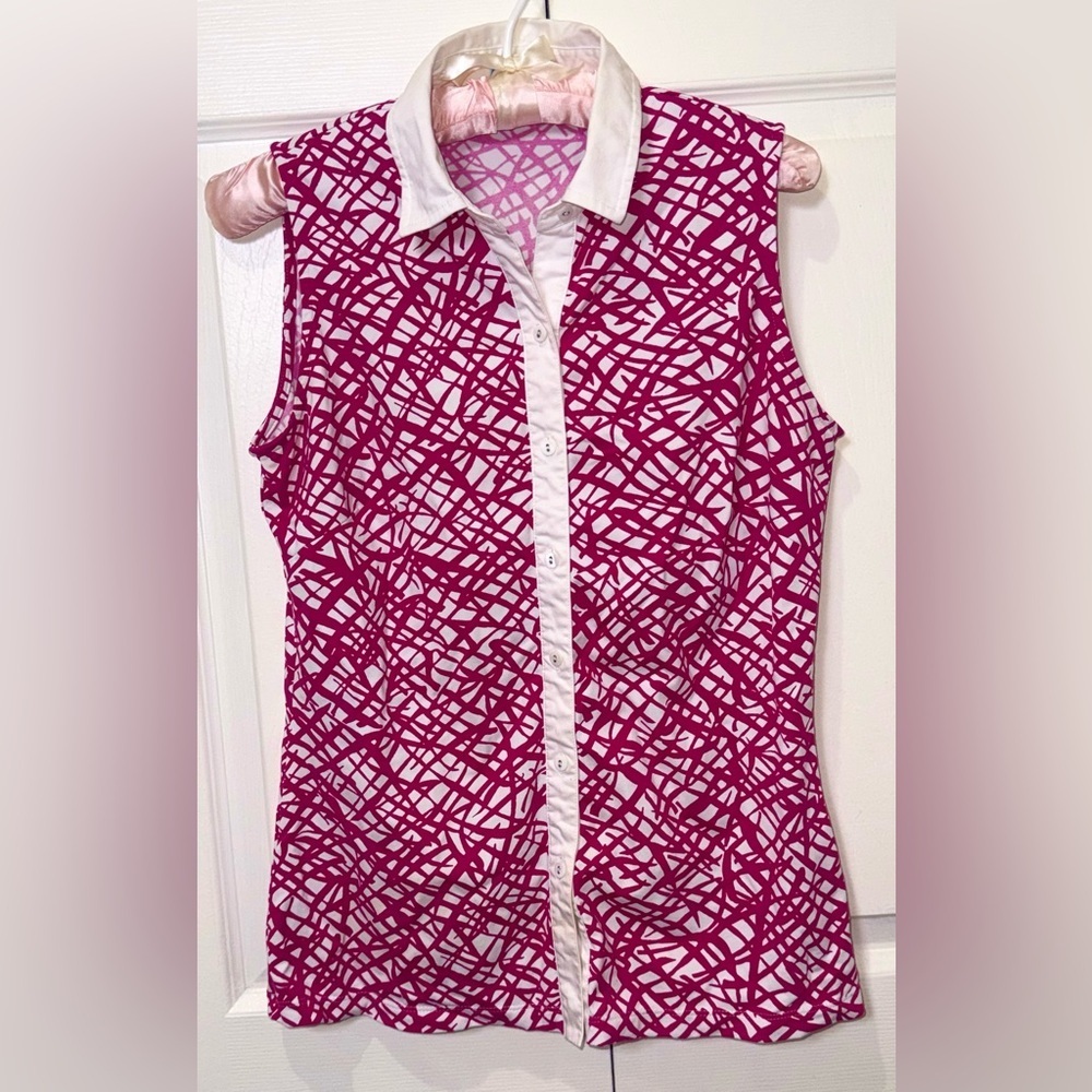 J. McLaughlin Catalina Knit Button Up Collared Tank White Fuchsia Women Small